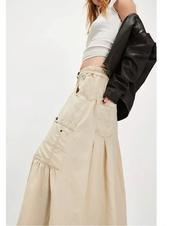 Free People Grunge 90s Cargo Rough Riding Maxi Skirt Birch Neutral XL Bella Swan - Picture 5 of 13